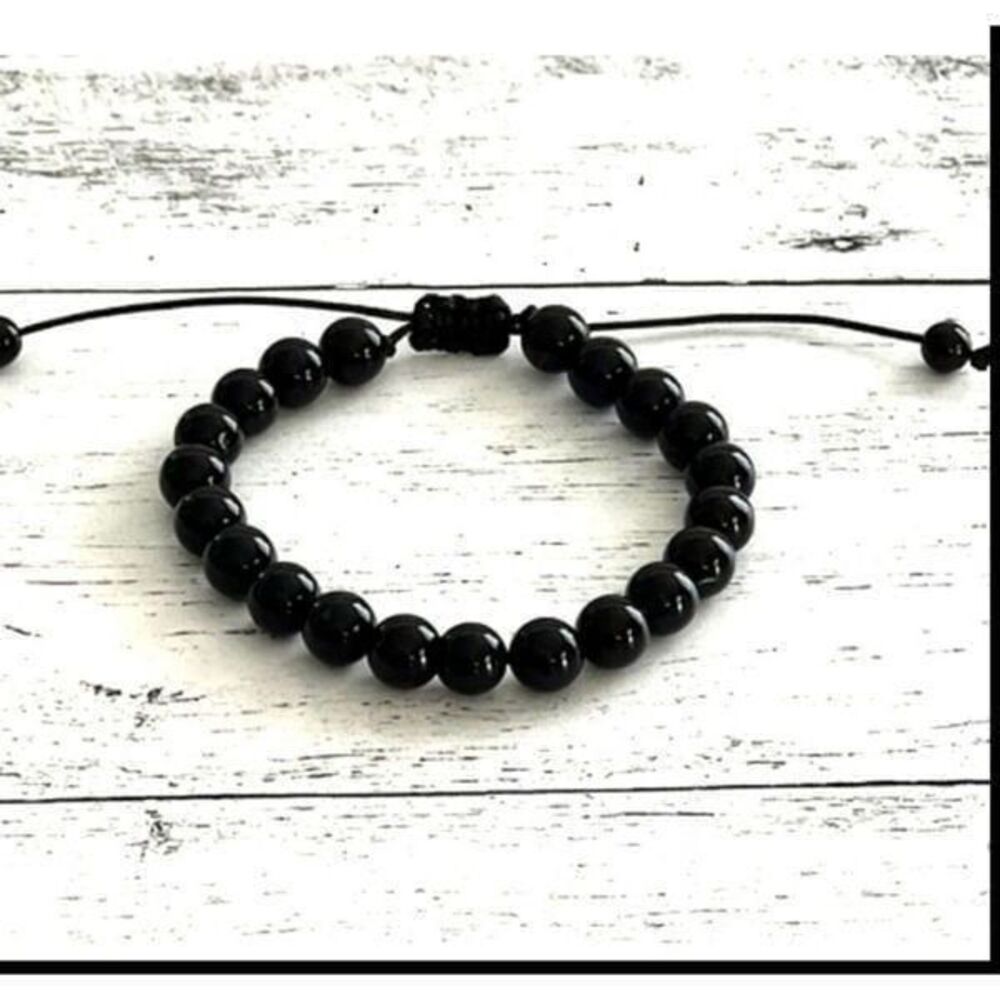 BLACK obsidian NATURAL crystal  STONE BEADED BRACELET.